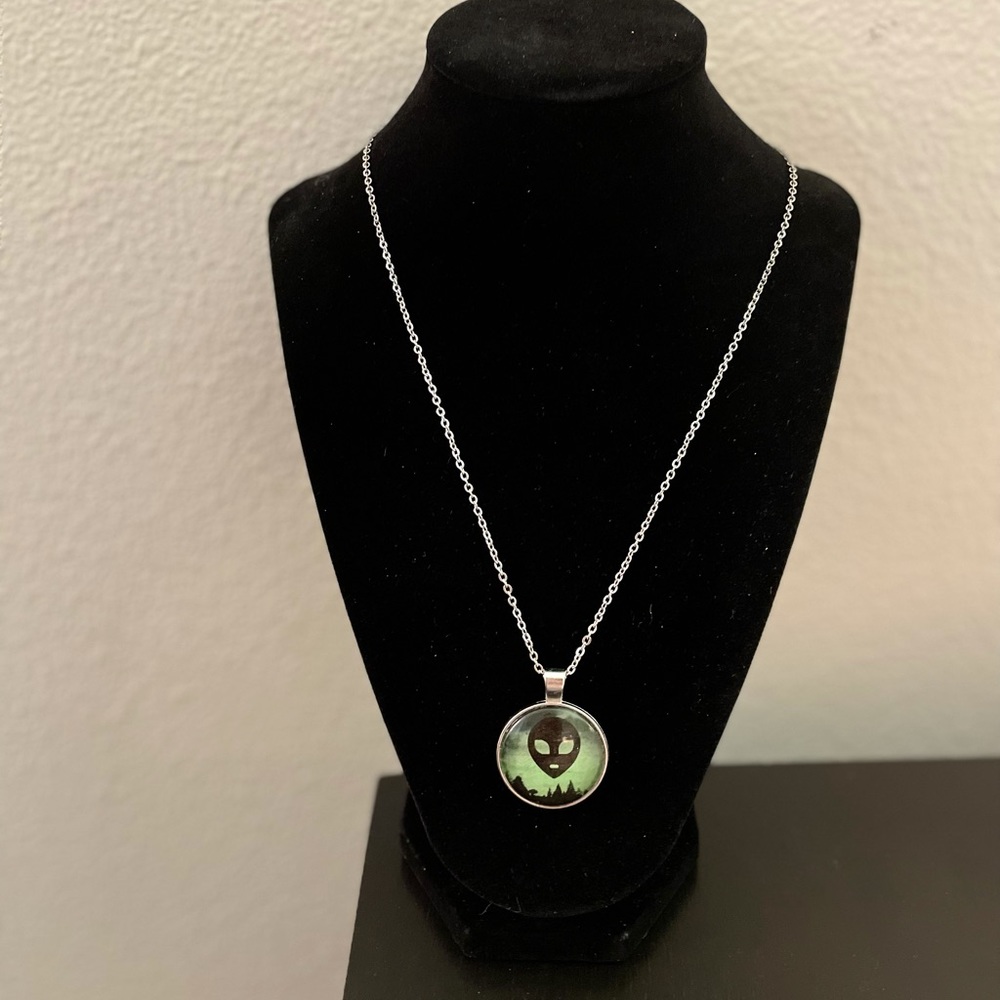 Green Alien Glass Dome Pendant Necklace Trees PNW